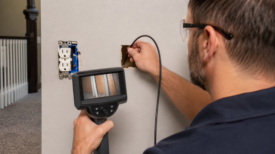 rewire-house-without-removing-drywall-01-borescope-camera-checking-wall-cavity-before-cutting-access-hole