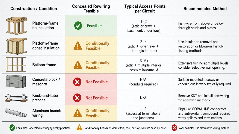 Decision matrix diagram comparing wall and construction types against feasibility of concealed rewiring methods