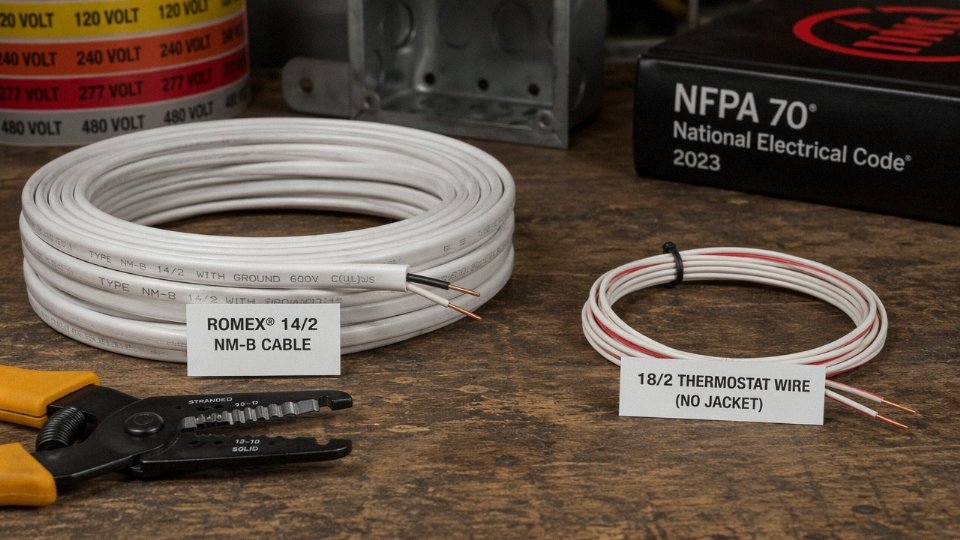 Side-by-side comparison of Romex NM-B cable and purpose-built low-voltage thermostat wire on a workbench