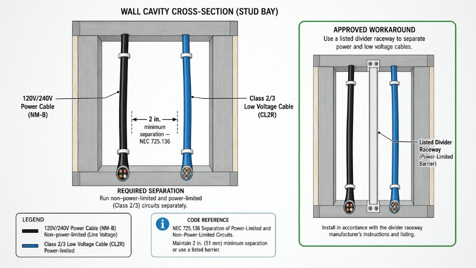 Cross-section wall cavity diagram showing required 2-inch separation between low voltage and 120V power cables
