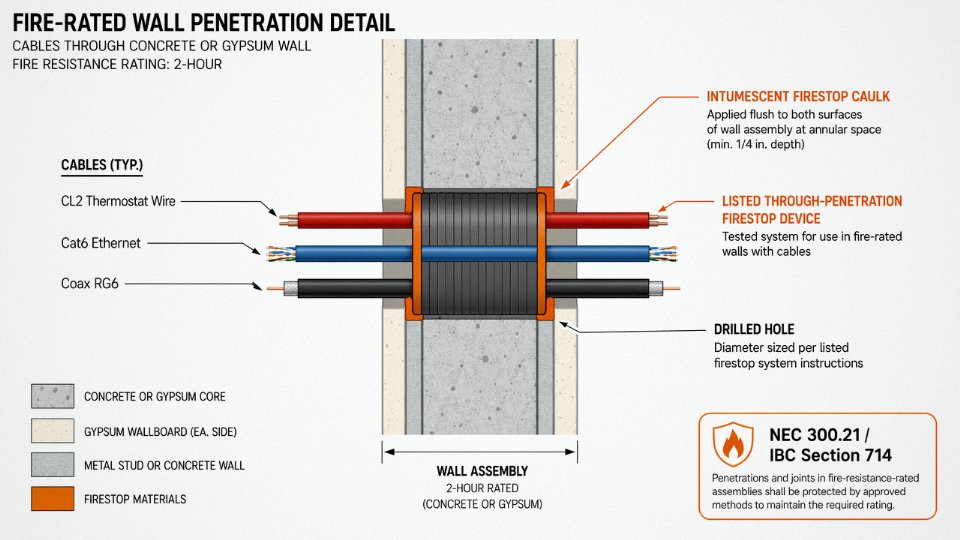 Engineering cross-section diagram of a fire-rated wall penetration sealed with listed firestop materials around low voltage cables