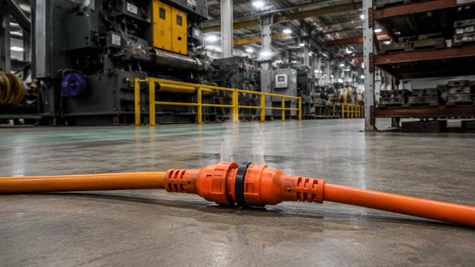 Two orange extension cords plugged end-to-end on an industrial factory floor with machinery in the background