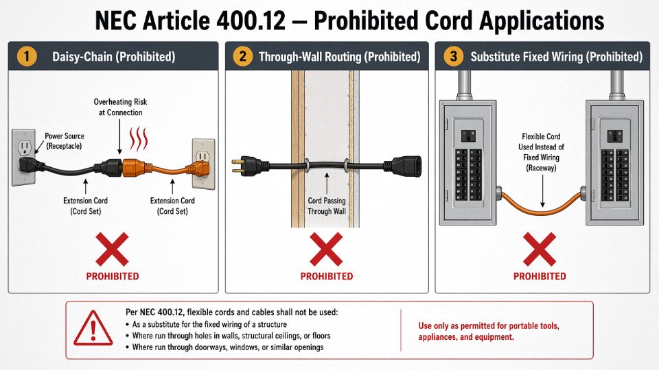 Flat vector diagram illustrating three NEC Article 400 prohibited cord uses: daisy-chained extension cords, cord routed through a wall, and cord used as substitute fixed wiring