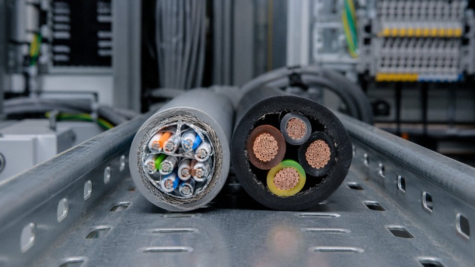 Side-by-side cross-section of a signal cable and a control cable on an industrial cable tray