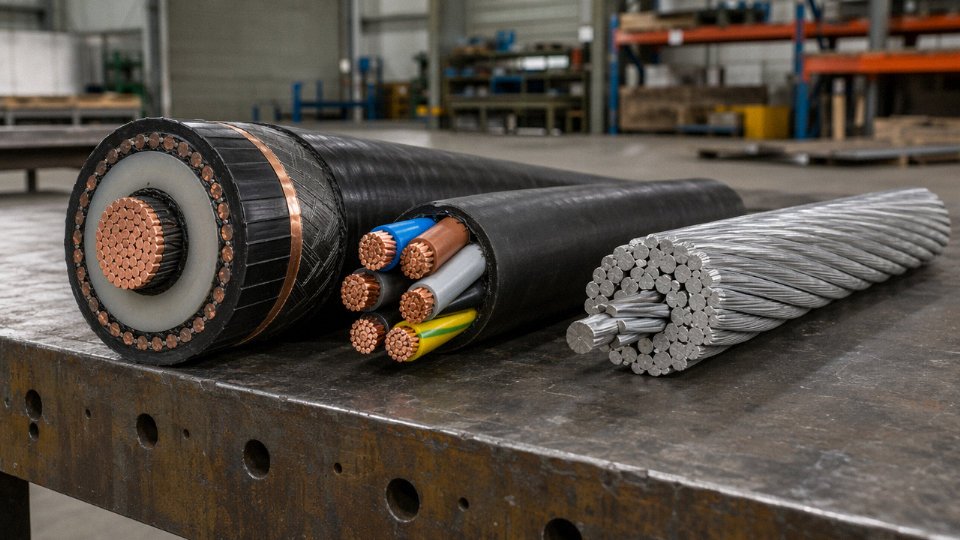 Side-by-side comparison of XLPE underground power cable, PVC low-voltage cable, and ACSR overhead conductor on an industrial workbench