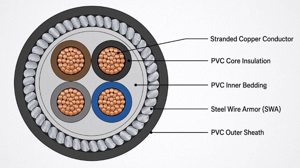 Engineering cross-section diagram of a four-core armored PVC low-voltage power cable showing all construction layers labeled in English