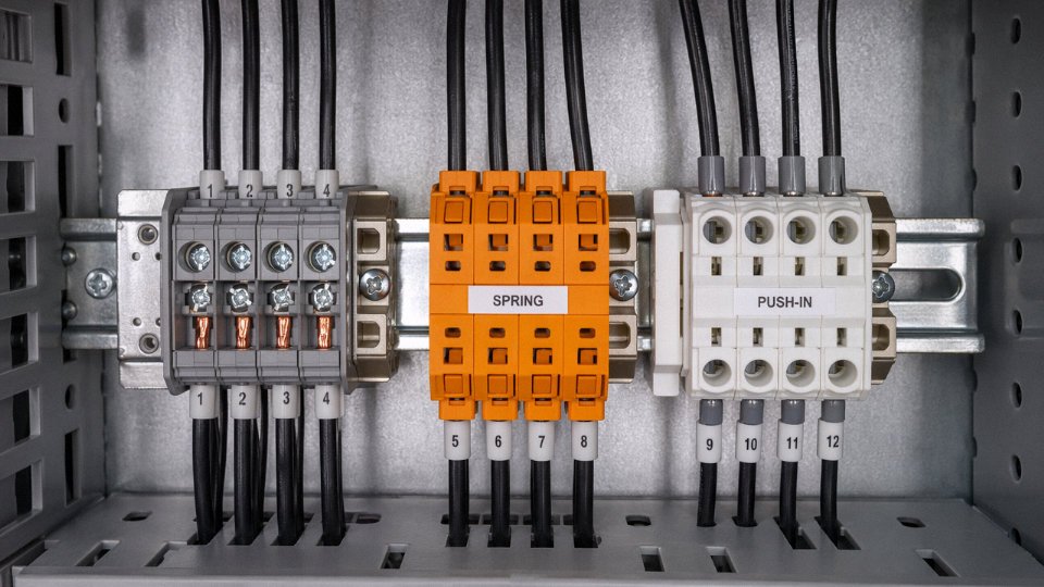 Three DIN-rail terminal block types — screw-clamp, spring-cage, and push-in — mounted side by side inside an open industrial control panel