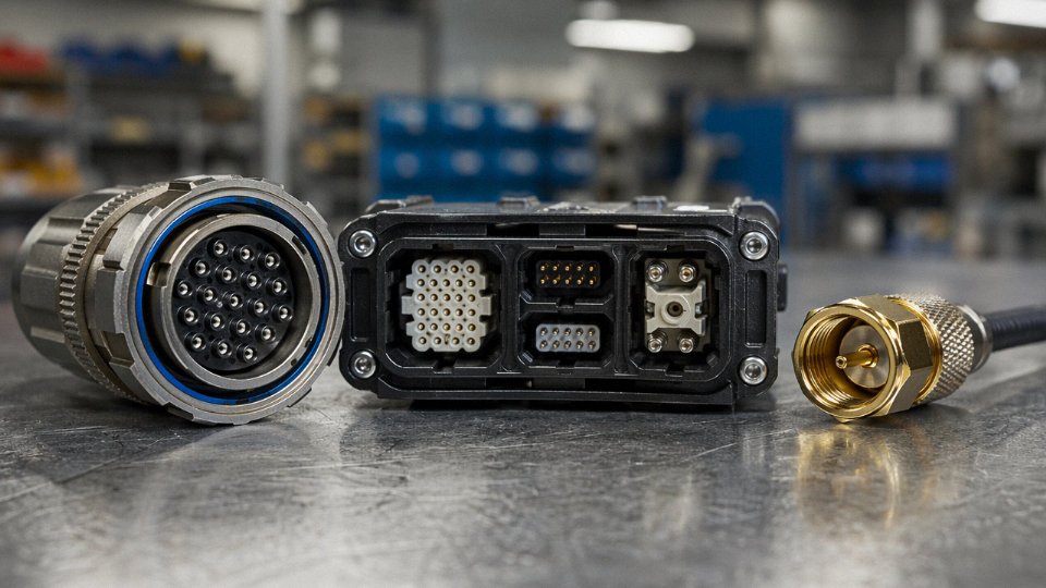 Three industrial cable connector types — circular, rectangular, and coaxial — arranged side by side on a steel workbench