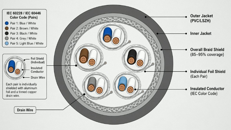 Engineering cross-section diagram of a multi-core shielded control cable showing individually shielded twisted pairs, overall braid shield, drain wire, and outer jacket
