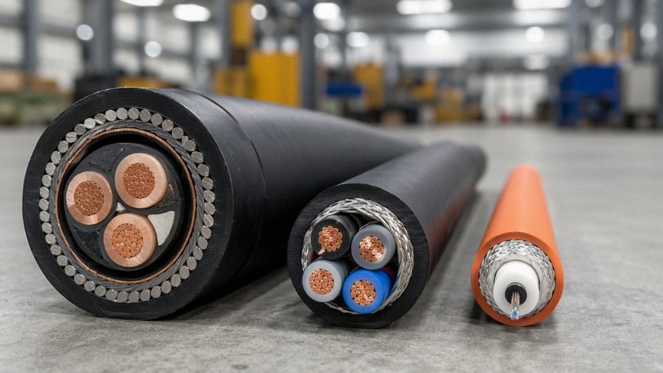 Three types of industrial cable — power, control, and communication — laid side by side on a factory floor