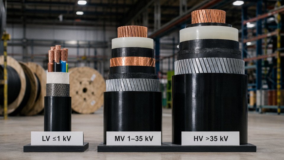 Three classes of power cable — low-voltage, medium-voltage, and high-voltage — displayed side by side on an industrial cable reel yard