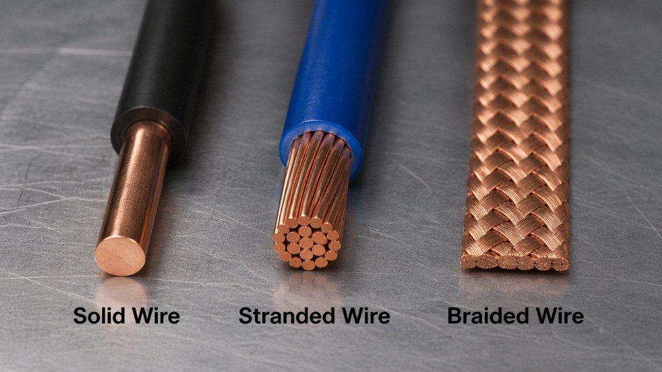 Side-by-side comparison of solid wire, stranded wire, and braided wire on an industrial workbench