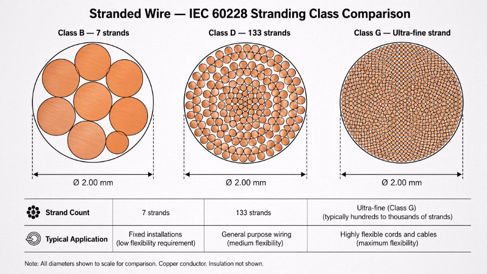 Engineering cross-section diagram comparing Class B, Class D, and Class G stranded wire conductor configurations