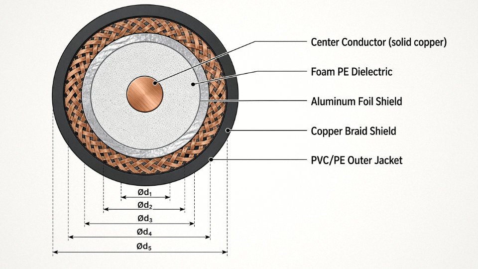 Engineering cross-section diagram of coaxial cable showing center conductor, foam PE dielectric, aluminum foil shield, copper braid shield, and outer PVC jacket with labeled callouts