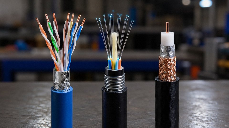 Three types of telecommunications cables — twisted pair, fiber optic, and coaxial — displayed side by side in an industrial setting