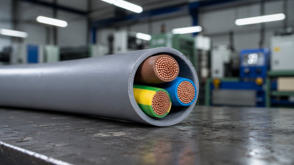 Cross-section of a three-conductor industrial power cord showing brown live, blue neutral, and green-yellow earth wires