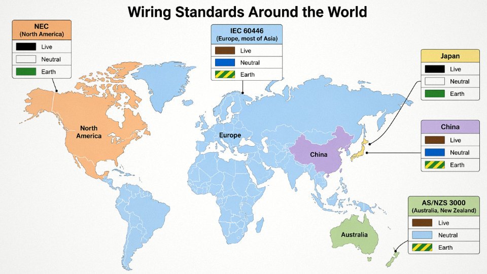 World map diagram showing regional electrical wiring color code standards with color swatches for live, neutral, and earth conductors per region