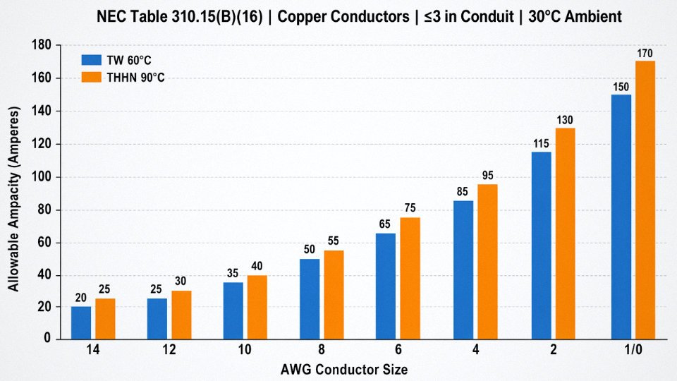 Bar chart comparing TW 60°C and THHN 90°C ampacity ratings for copper conductors from 14 AWG to 1/0 AWG
