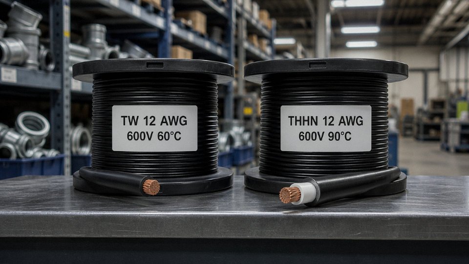 Side-by-side coils of TW and THHN copper wire in an industrial electrical supply environment