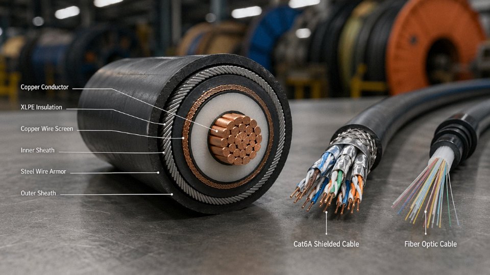 Side-by-side comparison of a large industrial power cable and a data communication cable on a factory floor