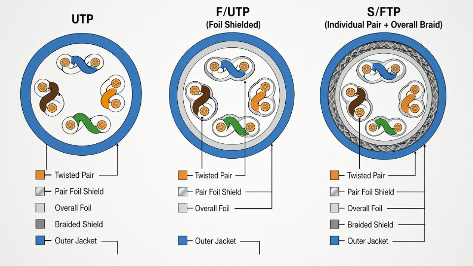 Engineering diagram comparing UTP, F/UTP, and S/FTP cable shielding architectures in cross-section