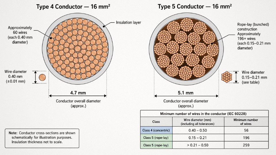 Engineering cross-section diagram comparing 16 mm² Type 4 and Type 5 copper conductors, showing wire count, diameter, and stranding geometry differences