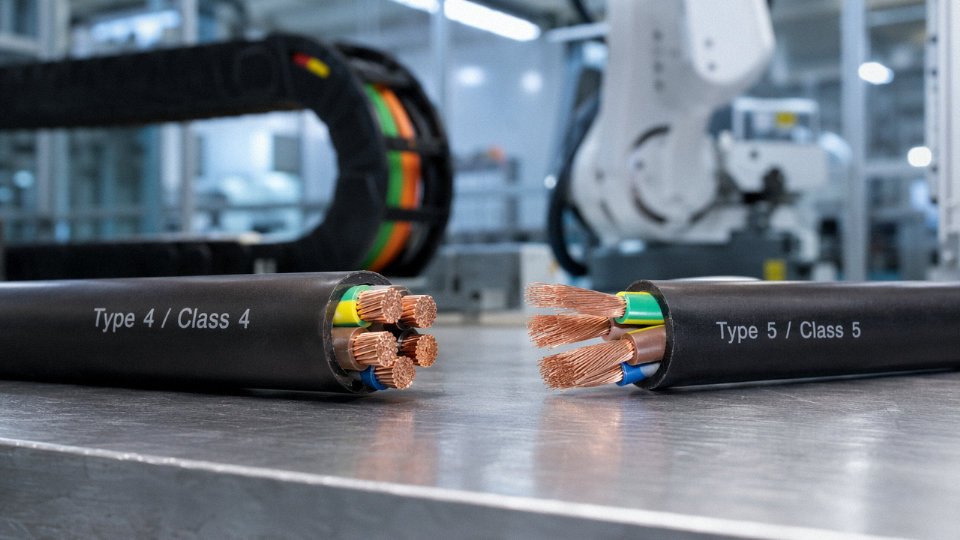 Side-by-side comparison of Type 4 and Type 5 industrial flexible cables on a factory floor, showing visible difference in flexibility and construction