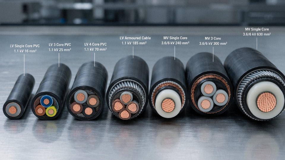 Cross-section view of multiple industrial power cable types arranged side by side showing conductor, insulation, shielding, and armoring layers
