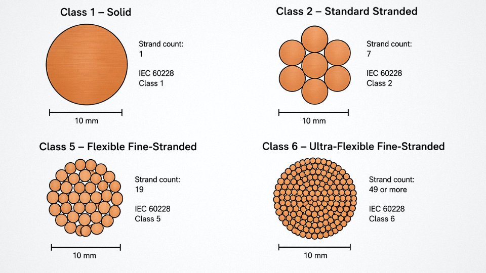 Engineering diagram comparing cross-sections of IEC 60228 conductor classes 1, 2, 5, and 6