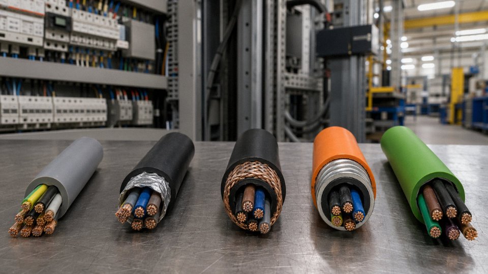 Assortment of industrial control cable types laid out side by side in a manufacturing environment