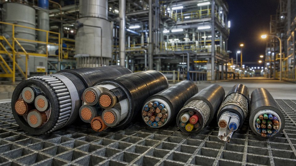 Assorted industrial cables including power, control, and instrumentation types laid out in an industrial facility