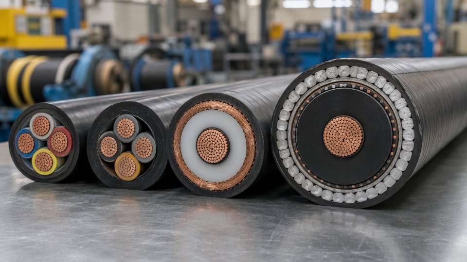 Assorted power cables of different voltage classes and insulation types arranged in an industrial cable manufacturing facility