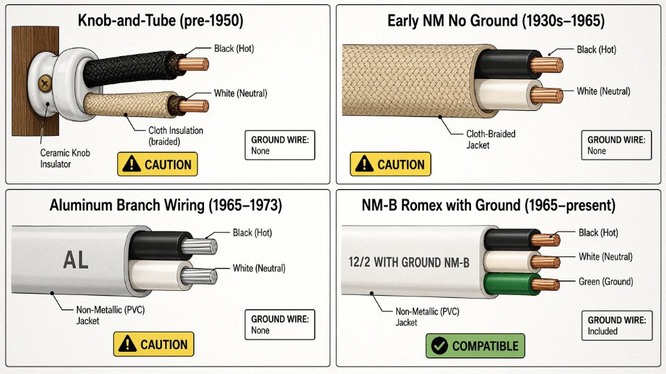 Flat vector diagram comparing four residential wiring generations with labeled cross-sections and era markings