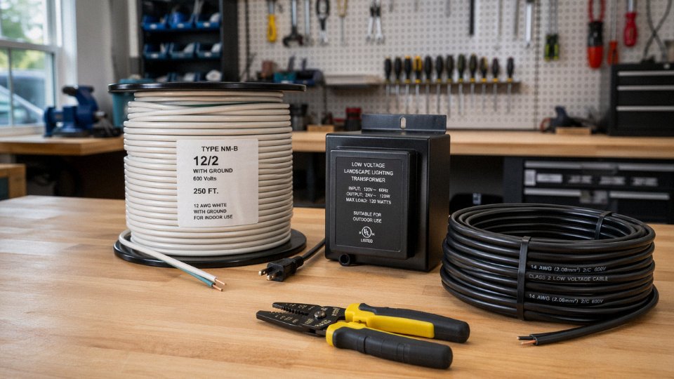 Spool of 12 AWG NM-B household wire next to a 24V low-voltage landscape lighting transformer on a workbench
