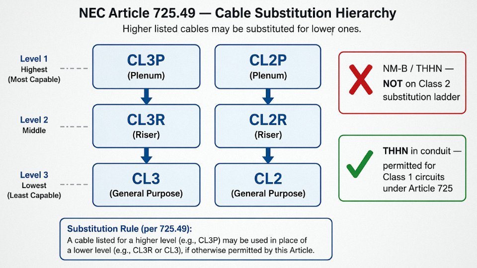NEC Article 725 cable substitution hierarchy chart showing CL3P, CL3R, CL3, CL2P, CL2R, and CL2 listings in a tiered ladder diagram