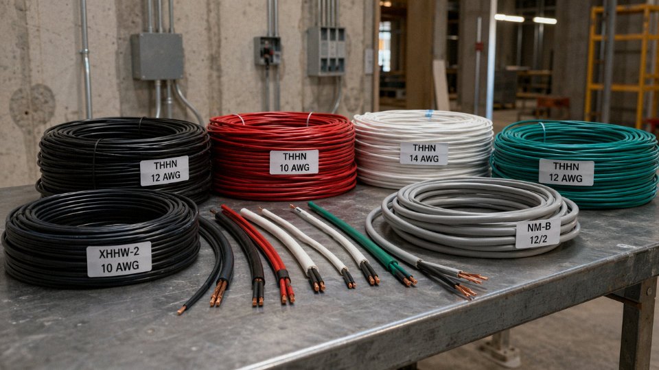 Assorted building wires including THHN and NM-B cables arranged on a commercial construction site workbench