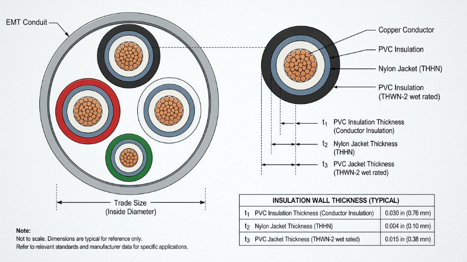 Labeled cross-section diagram of THHN/THWN-2 conductors inside a conduit showing insulation and nylon jacket layers