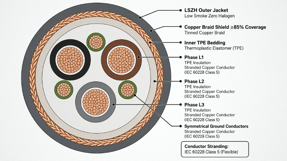 Cross-section engineering diagram of a VFD cable showing symmetrical ground conductors, braid shield, TPE insulation, and outer jacket layers