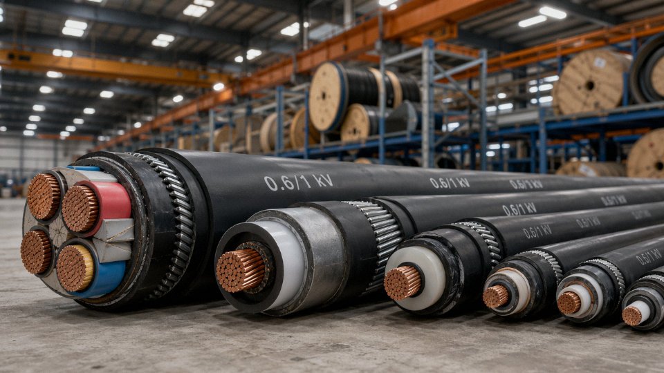 Multiple low voltage cables with cut cross-sections displayed in an industrial cable manufacturing facility