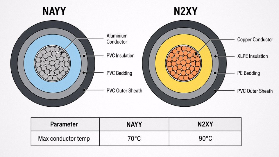 Engineering diagram comparing cross-sections of NAYY and N2XY low voltage cables with labeled layers