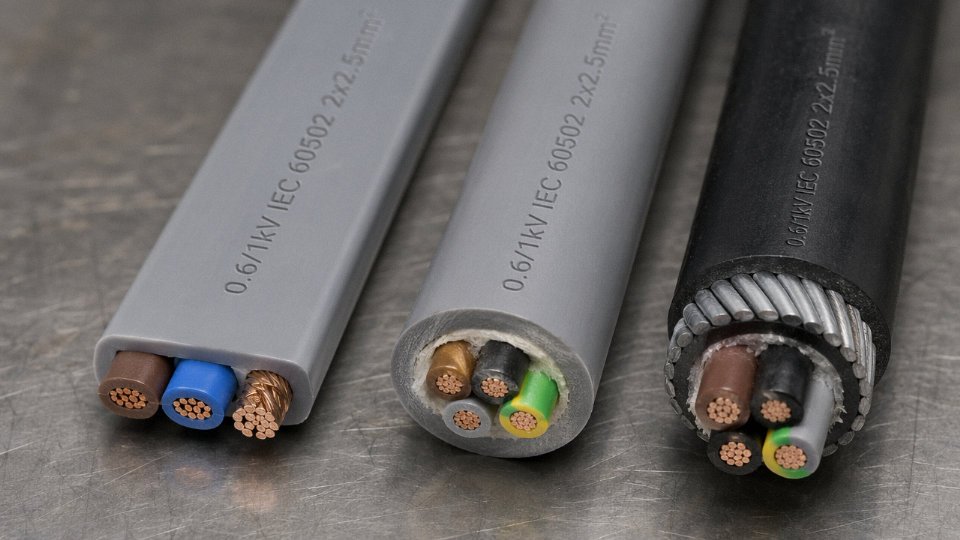 Cross-section of a 240V twin-and-earth cable showing brown, blue, and green-yellow conductors alongside a circular multicore armoured cable on an industrial workbench