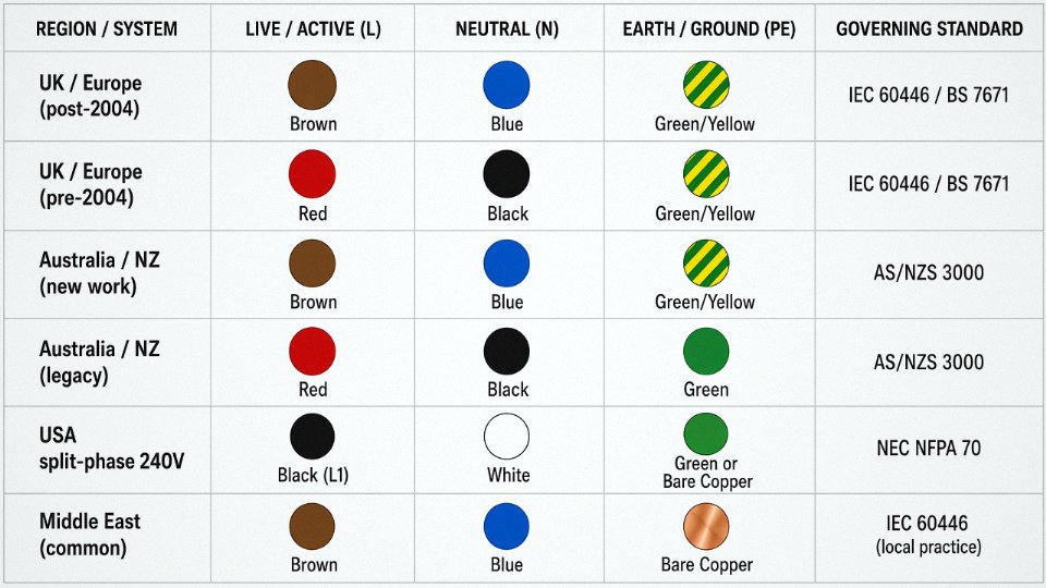 Engineering diagram comparing 240V conductor color codes across six regions including UK, Europe, Australia, New Zealand, USA, and Middle East