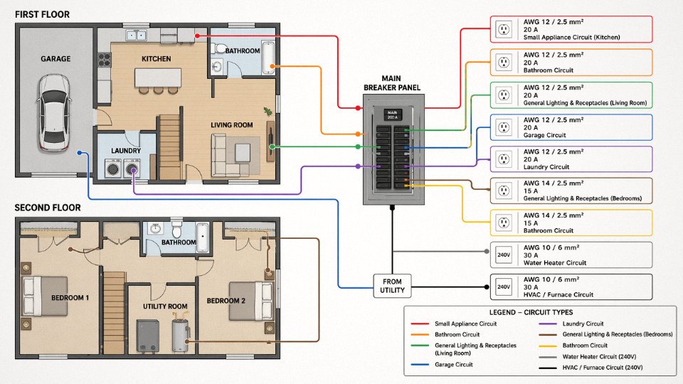 Flat vector diagram of a residential home floor plan showing each room with its corresponding wire gauge, breaker amperage, and circuit type labeled