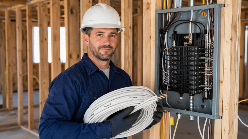 Electrician handling a roll of 14-2 NM-B wire beside a residential electrical panel