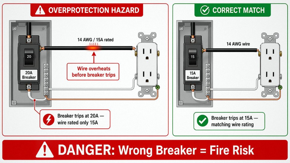 Engineering diagram showing a 14-2 wire incorrectly connected to a 20-amp breaker with heat and fire-risk callouts
