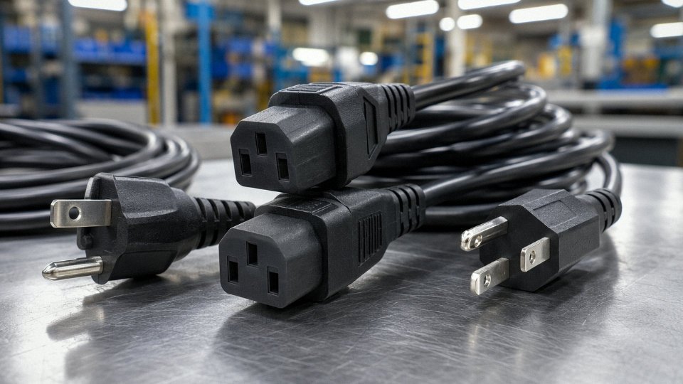 Assortment of three-prong power cables including IEC C13 and NEMA 5-15 types laid out on an industrial work surface