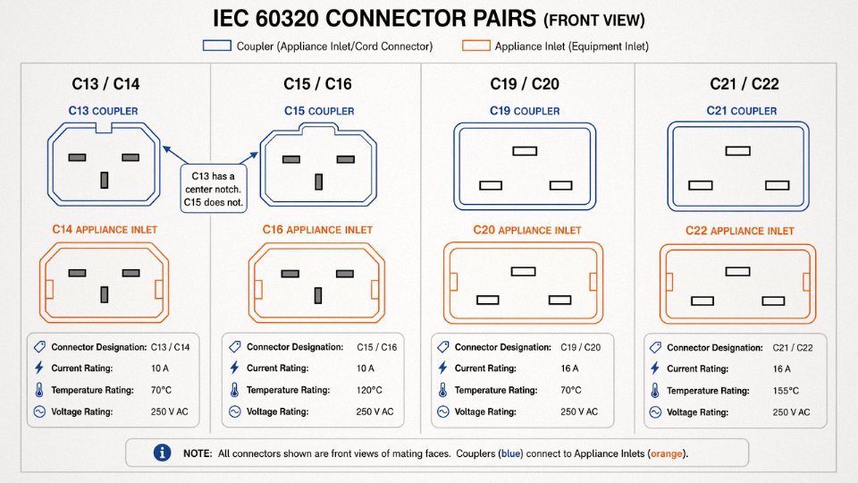 Flat engineering diagram comparing IEC 60320 connector pairs C13/C14, C15/C16, C19/C20, and C21/C22 with ratings labeled