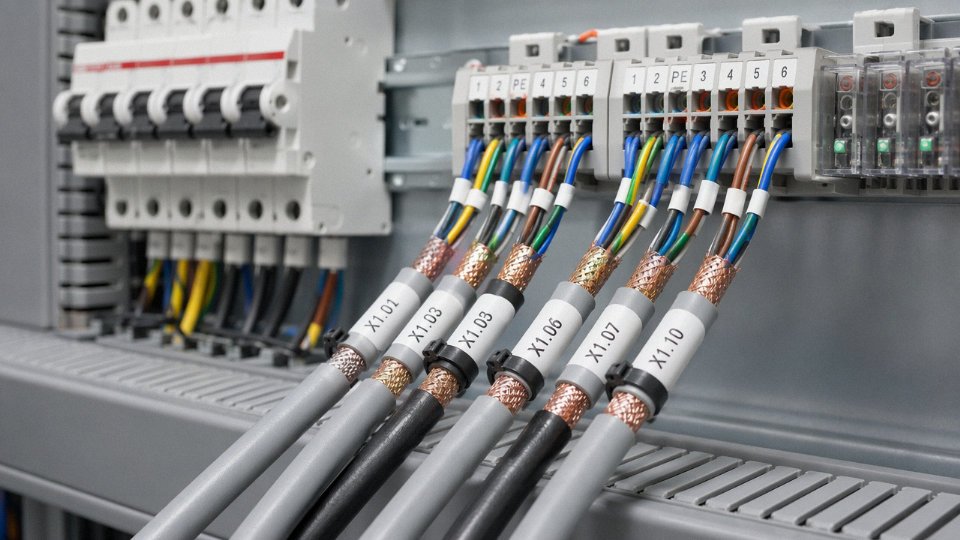 Multi-core screened control cables routed through an industrial control panel