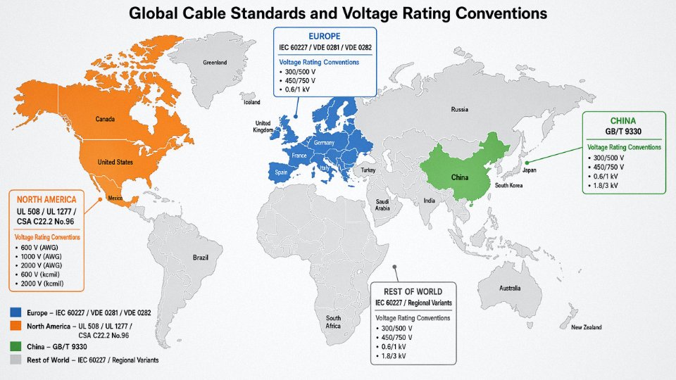 World map diagram showing regional control cable standards — IEC, VDE, UL/CSA, and GB/T — by geographic zone