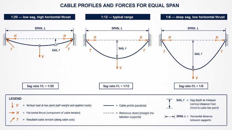 Engineering diagram comparing cable sag-to-span ratios and their effect on horizontal thrust forces
